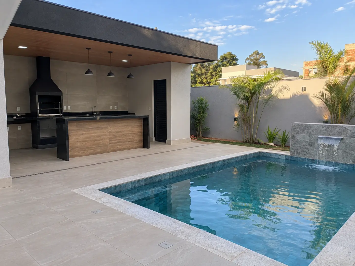 Área gourmet com piscina construída pela WSN Empreendimentos